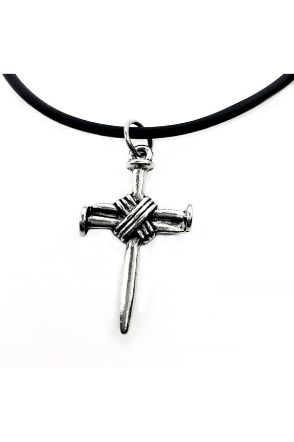 Wire Wrapped Nail Cross (wbfsixrubb) Necklace on Soft Black Rubber Cord
