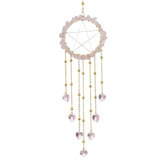 Wire Wrapped Natural Rose Quartz Chips Ring Hanging Ornaments Glass Heart Tassel Suncatchers for Indoor Window Patio Garden Decorations