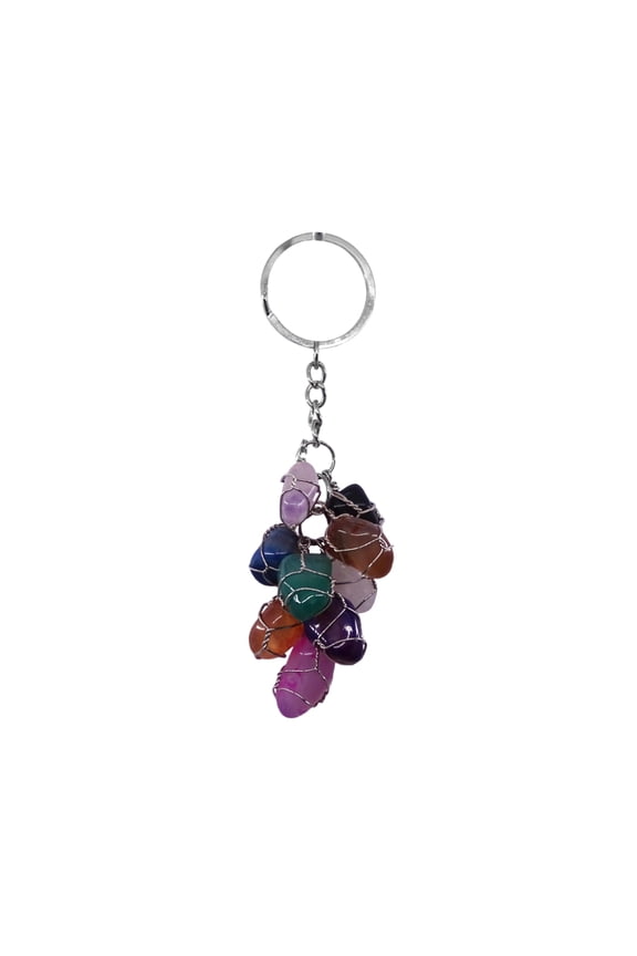 Wire Wrapped Tumbled Healing Gemstone Cluster Dangle Keychain Metal Keyring - Handmade Gifts Boho Car Bag Accessories