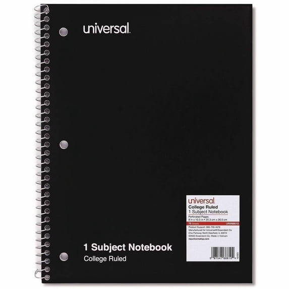 Universal 1 Sub. Wirebound Notebook 10 1/2 x 8 College Rule 70 Sheets Black Cover 66610