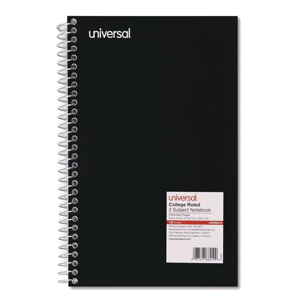 Wirebound Notebook, 3 Subjects, Medium/College Rule, Black Cover, 9.5 x 6, 120 Sheets