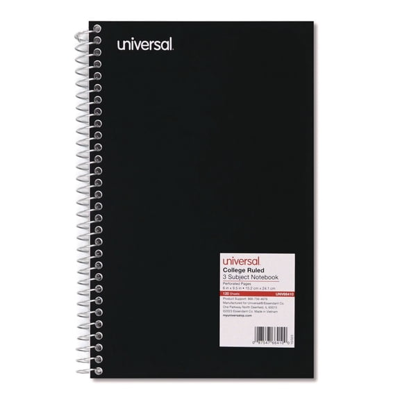 Universal Wirebound Notebook, 3 Subjects, Medium/college Rule, Black Cover, 9.5 X 6, 120 Sheets