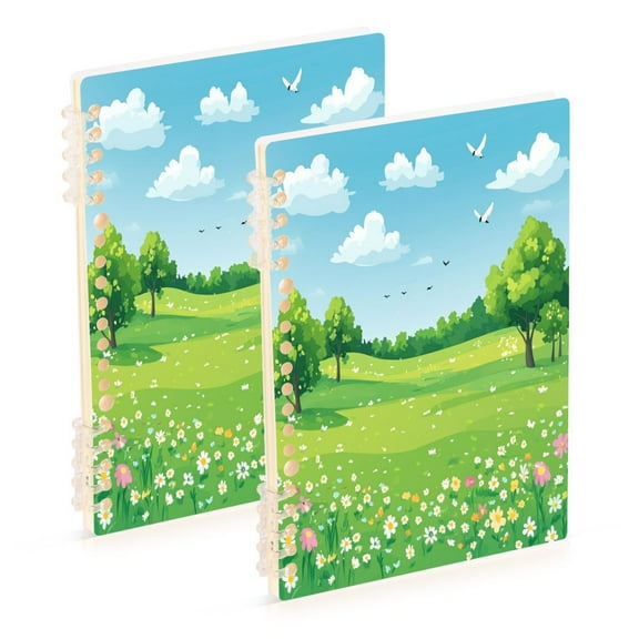 Wirebound Notebook Hardcover Spiral Notebooks Green Meadow with Trees, 60 Pages, 80 GSM, 5.7 x 8.3in