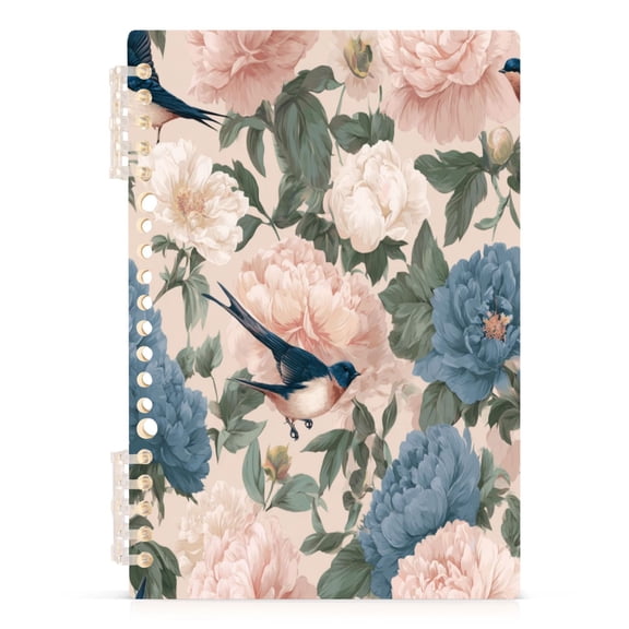 Wirebound Notebook Hardcover Spiral Notebooks Peonies and Swallows Pattern, 60 Pages, 80 GSM, 5.7 x 8.3in