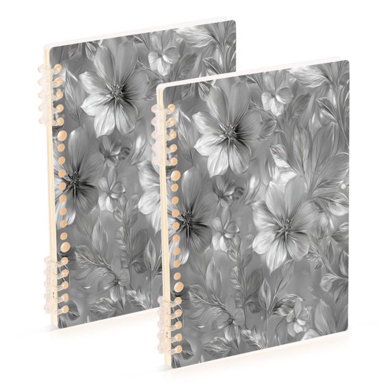 Wirebound Notebook Hardcover Spiral Notebooks Silver Metal Flower Pattern, 60 Pages, 80 GSM, 5.7 x 8.3in