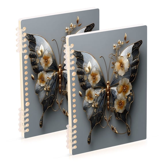 Wirebound Notebook Hardcover Spiral Notebooks Silver and Black Butterfly, 60 Pages, 80 GSM, 5.7 x 8.3in