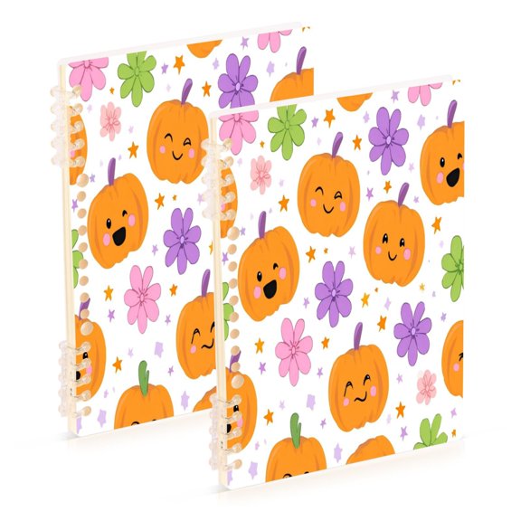 Wirebound Notebook Hardcover Spiral Notebooks Smiling Pumpkins and Flowers, 60 Pages, 80 GSM, 5.7 x 8.3in 2PCS