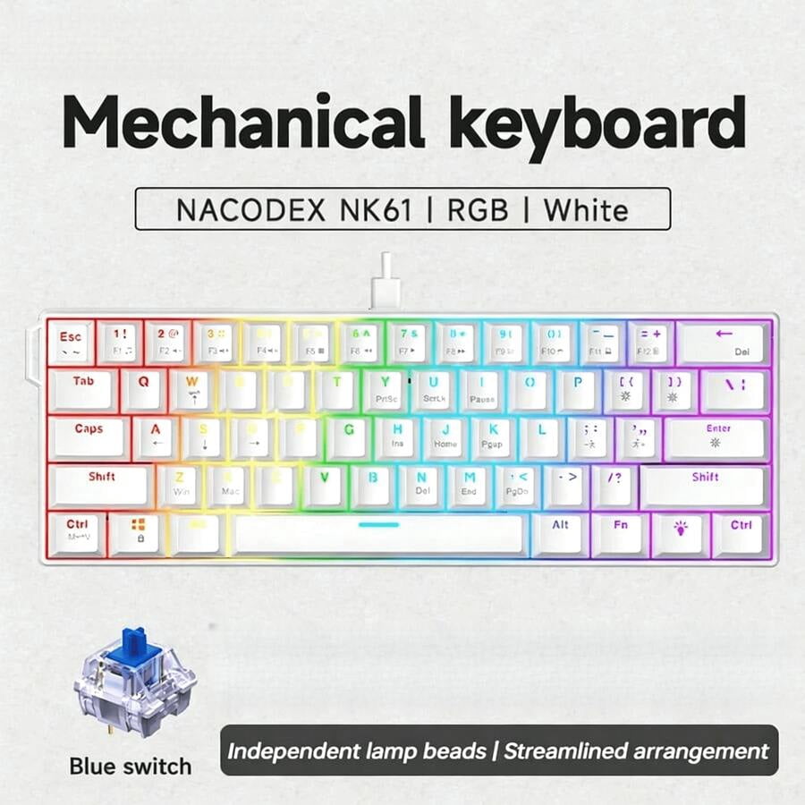 Wired 60% Mechanical Gaming Keyboard With RGB Backlighting, 61 Keys, Ultra-Compact Blue Switches, Type-C Wired Finish, White. Suitable For Office Work And Gaming.