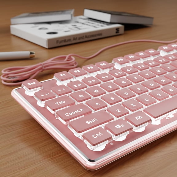 Wired Backlit Keyboard with Pudding Keycaps, Quiet Full Size Computer Keyboard White Backlight Easy-to-Read, Never Fade, Metal Panel, USB Cute Desk Setup for Windows PC Desktop, Pink