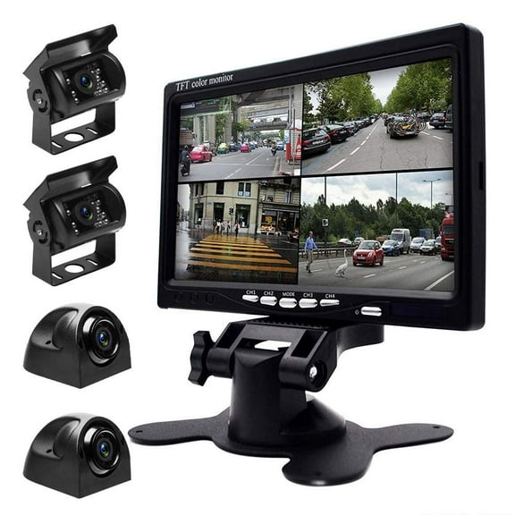 Wired Backup Camera System with 7 Inch Monitor for RV,Trucks,Cars, 4 Channel Quad Split Reversing Camera System with Screen, Wide Angle, IP68 Waterproof, IR Night Vision, Easy Installation,12V