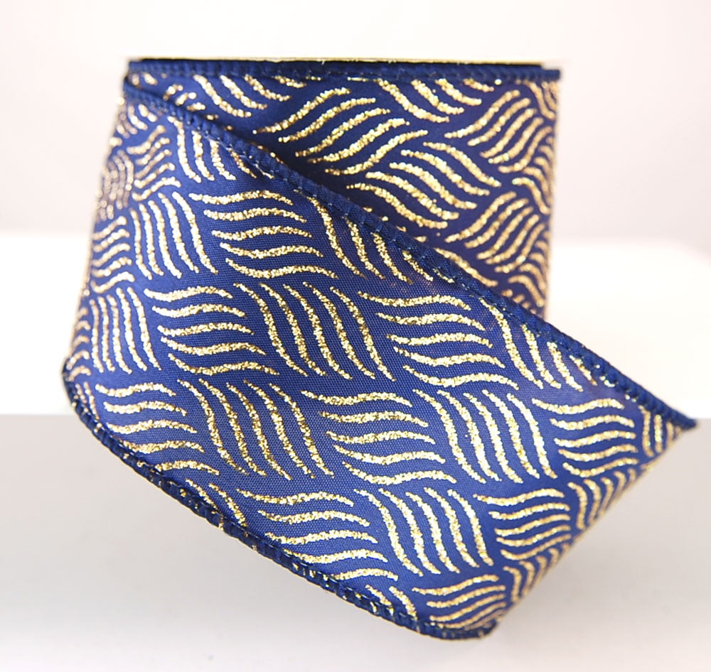 Wired Branice Navy Blue and Gold Glitter Swirl Christmas Ribbon 2 1/2" - 25 Yards