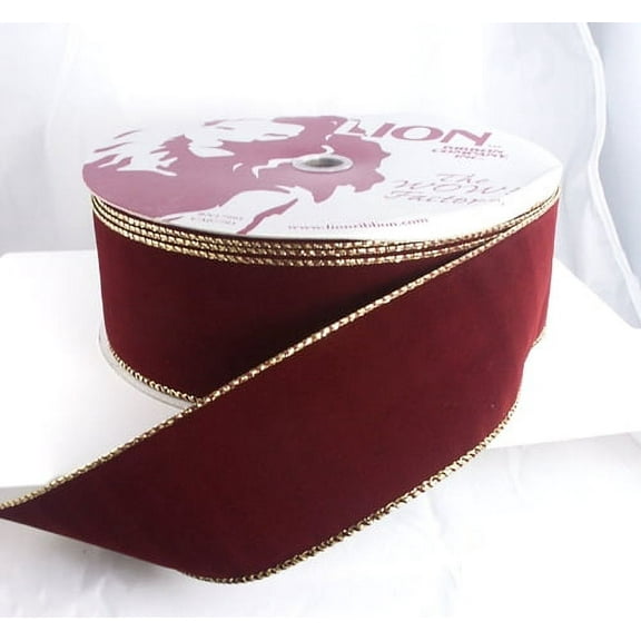 Wired Burgundy Velvet with Gold Edge Christmas Ribbon 2 1/2" #40 - 50 Yards