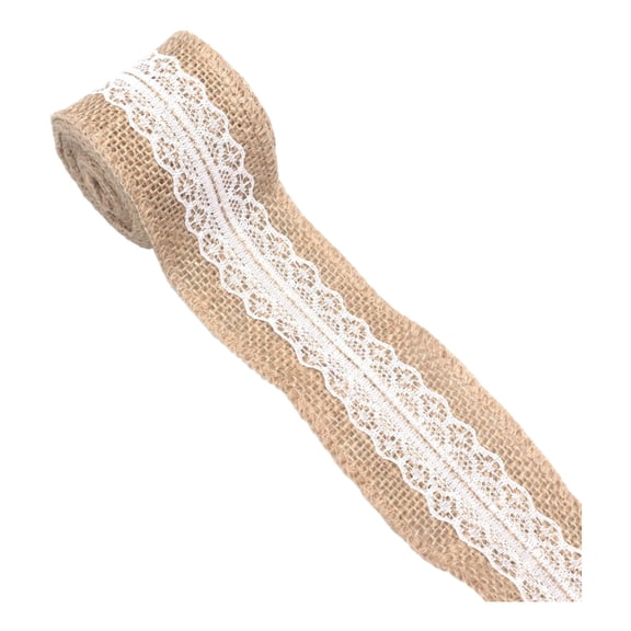 Wired Burlap Ribbon with White Lace Trim, 5cm Wide Natural Jute Ribbon for Christmas Gift Wrapping, Wreath DIY Bows, Rustic Home Decor, Wedding & Baby Shower Diaper Cake Crafts