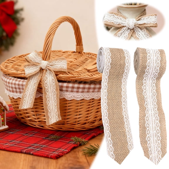 2 Pcs Wired Burlap Ribbon with White Lace Trim, 5cm Wide Natural Jute Ribbon for Christmas Gift Wrapping, Wreath DIY Bows, Rustic Home Decor, Wedding & Baby Shower Diaper Cake Crafts