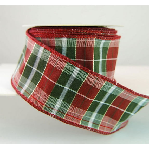 Wired Burnham Dupioni Multi Color Burgundy and Dark Green Plaid Christmas Ribbon 2 1/2" - 10 Yards
