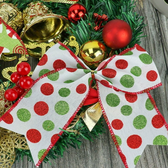 Wired Christmas Ribbon - Red Green Polka Dot Design for Christmas Tree, Gift Wrapping, Bow Making, and Wreath Decor, White Color, 1 Yard