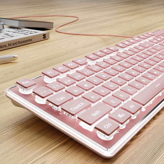 Wired Computer Keyboard with White Backlit, Aesthetic Full Size Pudding Keycaps, Aluminum Alloy Metal Panel, Quiet for Office Women, Work, PC-Pink