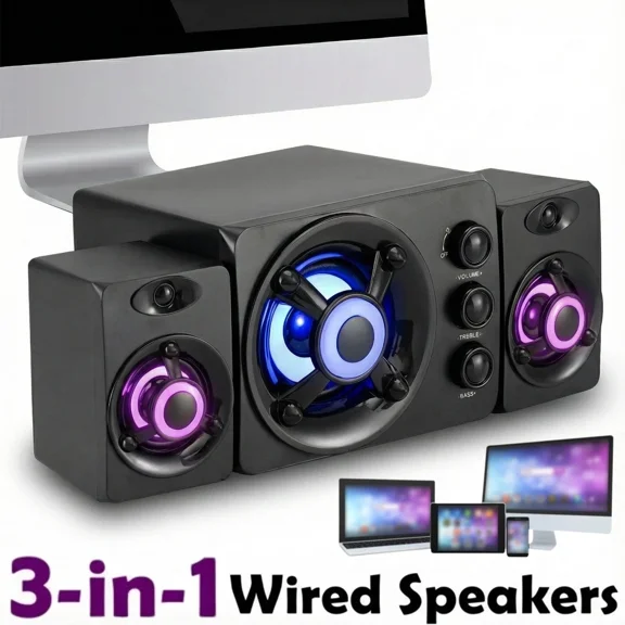 Wired Computer Speakers System Stereo Bass Subwoofer LED For Desktop Laptop PC