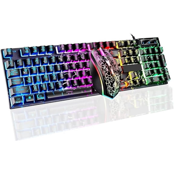 Wired Crack Rainbow Gaming Keyboard and Combo, 104 Light Up Mechanical Feeling Computer Keyboard, Wired Gaming Keyboard and for PC Gamer(Black)