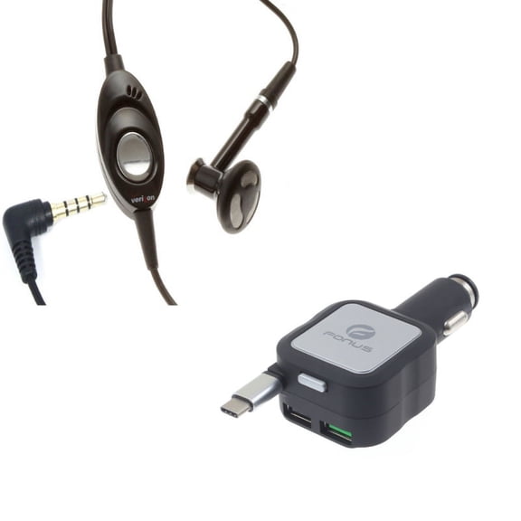 Wired Earphone Mono Headset w Retractable Car Charger Q6A for Microsoft Surface Go (10"), Lumia 950 - Motorola One, Moto Z4 Z2 Play X4 G7 Power Play G6 - Nokia 7.1, 8, 3.1 Plus - OnePlus 5T, 6