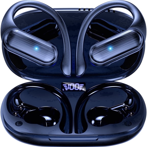 Wireless Earbuds Bluetooth 5.4 Headphones 70H Playtime Sport Earphones with LED Display,Over-Ear Buds Built in Mic in Ear Waterproof Headset for Workout Running Gaming - Blue