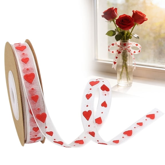 Wired Edge Heart Print Ribbon Polyester Craft Tape With Metallic Wire For Diy Gift Wrapping Wedding Floral Decoration