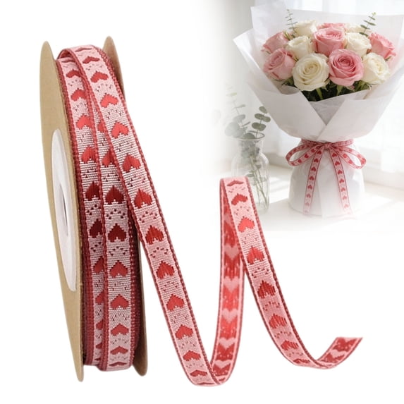 Wired Edge Heart Print Ribbon Polyester Craft Tape With Metallic Wire For Diy Gift Wrapping Wedding Floral Decoration