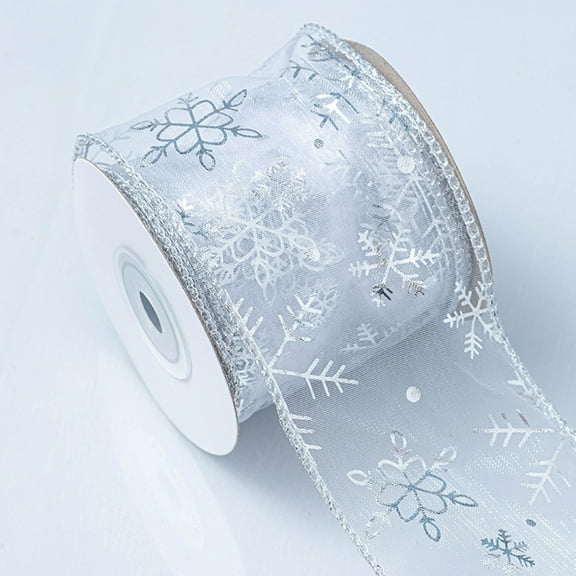 Wired Edge Ribbon Verdsylv 1 Roll 6.3Cm Metallic Snowflake Ribbon, Wired Edge Silver Foil Snowflakes Decorative Craft Ribbon for Gift Wrapping, Bows, Wreath Making, Diy Projects, Silver