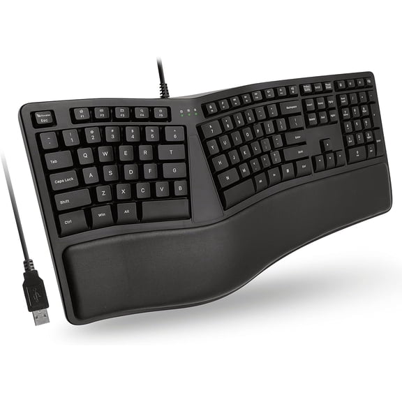 Bravoul 110 Keys Wired Ergonomic Keyboard with Cushioned Wrist Rest and 5ft Cable, Black