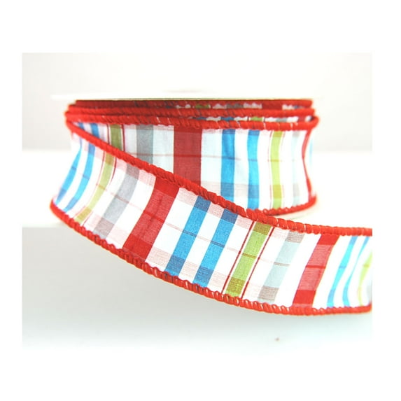 Wired Flambeau Multi Red, Olive, White and Light Blue Striped Dupioni Ribbon 1 1/2" - 10 Yards