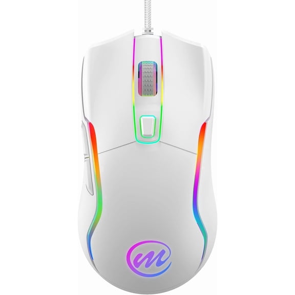 Wired Gaming  with  - 6 Adjustable DPI up to 12800, 6 Buttons, 12 Lighting Modes,  Design with Anti-Slip Rubber Wheel, 5.6ft Braided  for PC// - White