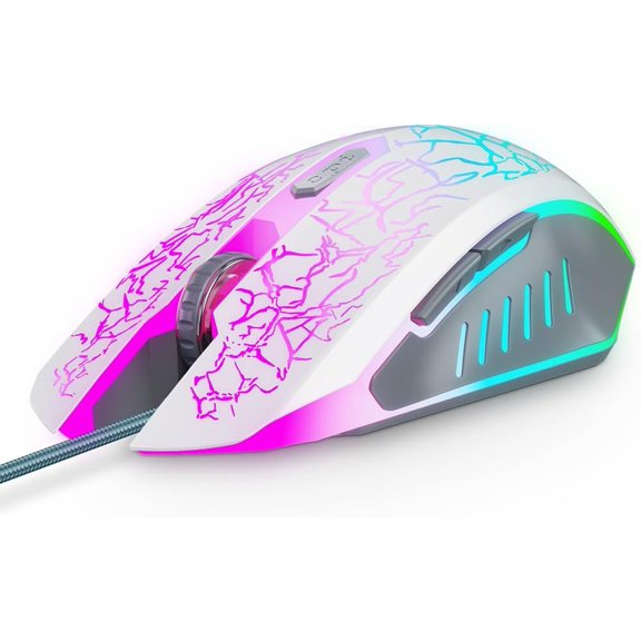 Wired Gaming , Computer Mice with 7 LED Lights RGB Backlit, 6 Programmable Buttons, 4 Adjustable DPI for Laptop PC Gamer Desktop Chromebook -White