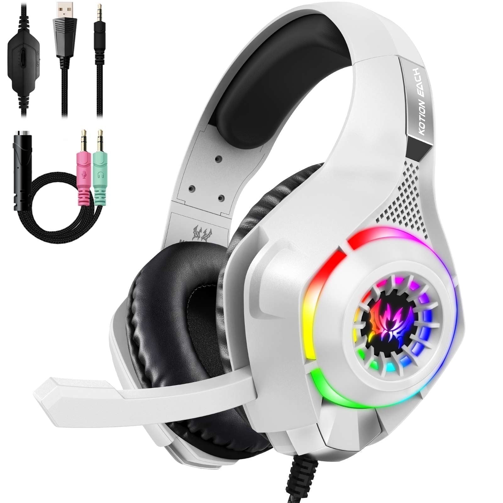 Gaming Headsets Wired for PS5 PS4 Switch Xbox One PC with 3.5MM,RGB Light,Noise Canceling Mic,Surround Sound,Over Ear Muffs Gaming Headphones,White