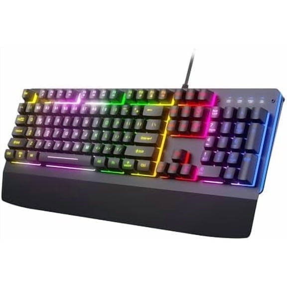 Wired Gaming Keyboard, Light Up Keyboard with Wrist Rest,104Keys   Panel Rainbow Backlit for Gaming,Silent Computer with Multimedia Anti-ghosting  for PC   K518