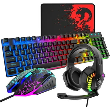 Wired Gaming Keyboard and Mouse Headset Combo, Rainbow LED Backlit Wired Keyboard, Over-ear Headset with Microphone, Rainbow Backlit Gaming Mouse, Mouse Pad for PC, Notebook, Mac, PS4, Xbox (Black)