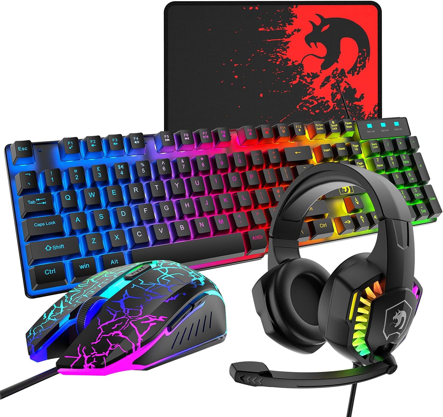 Wired Gaming Keyboard and Mouse Headset Combo, Rainbow LED Backlit Wired Keyboard, Over-ear Headset with Microphone, Rainbow Backlit Gaming Mouse, Mouse Pad for PC, Notebook, Mac, PS4, Xbox (Black)