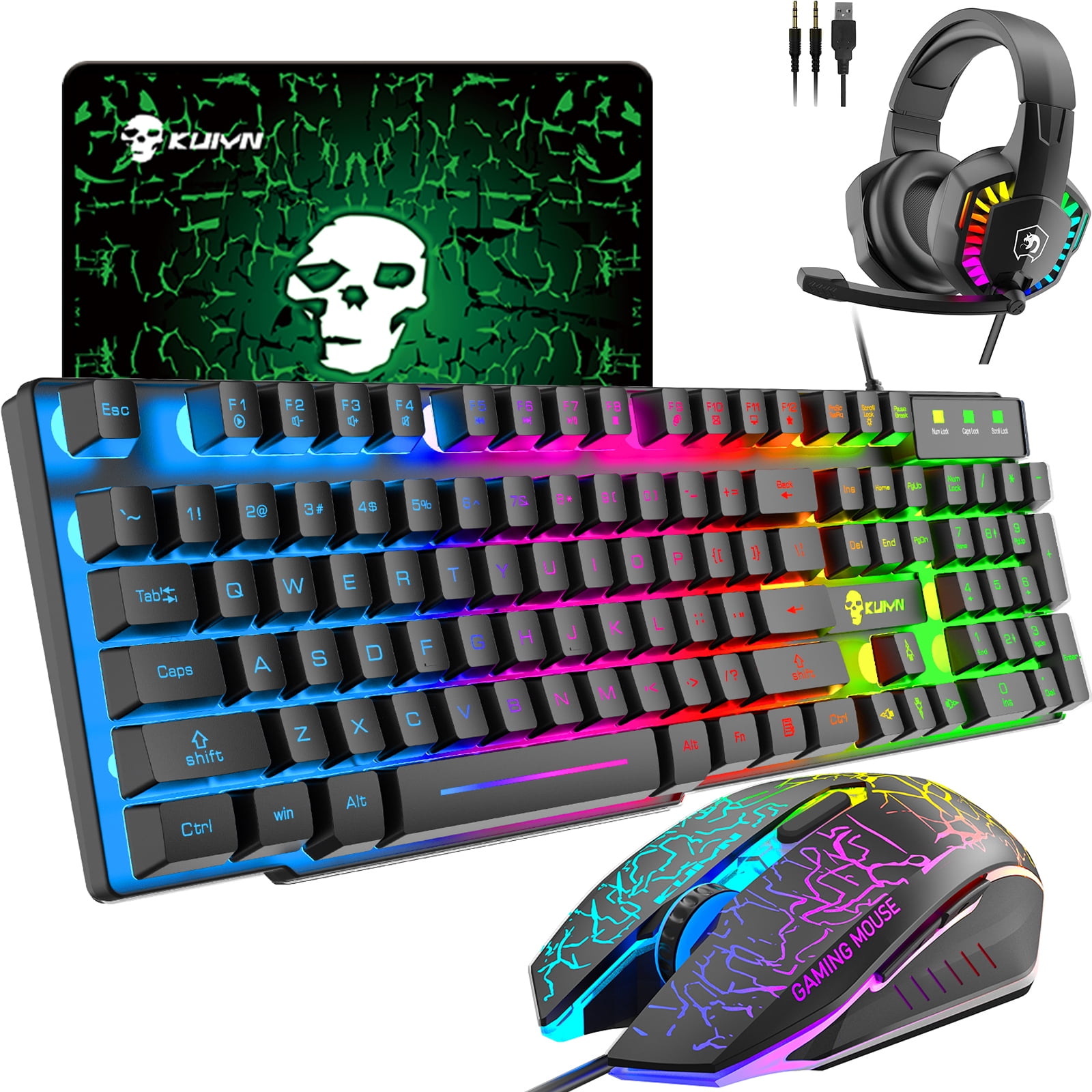 Wired Gaming Keyboard and Mouse Headset Combo Rainbow LED Backlit Wired Keyboard Over ear Headset with Microphone Rainbow Backlit Gaming Mouse