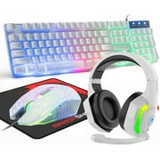 Wired Gaming Keyboard and Mouse Headset Combo,Rainbow LED Backlit Wired Keyboard,Over Ear Headphone with Mic,Rainbow Backlit Gaming Mice,Mouse Pad,for PC,Laptop,Mac,PS4,XboxWhite