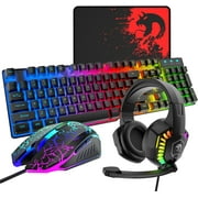 Wired Gaming Keyboard&Mouse Headset Combo,Rainbow Over Ear Headphone with Mic,Mice Pad for PCBlack