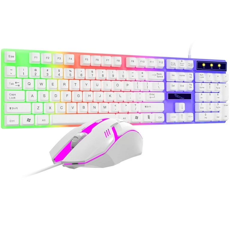 Rainbow Computer Keyboard, Wired USB Lighting Mechanical Computer Keyboard  Mouse for PS4/PS3/Xbox One, PC Accessories Gaming Keyboards（White) 