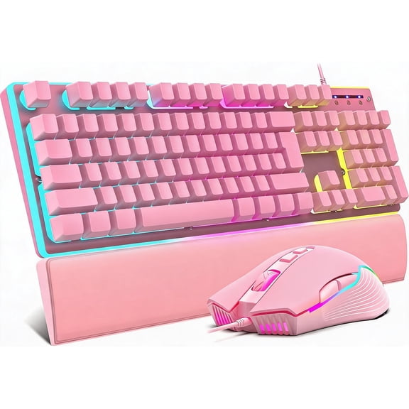 Wired Gaming Keyboard and Mouse Combo with Wrist Rest RGB Backlit Mechanical Feel Anti Ghosting 7200 DPI Pink
