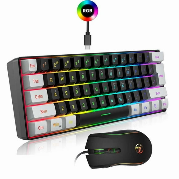 Wired Gaming Keyboard and Mouse Set Rainbow LED Backlit Wired USB Keyboard and Mouse for PS3 PS4 Xbox One Xbox 360 PC, 60% 61Keys, Adjustable 4 DPI