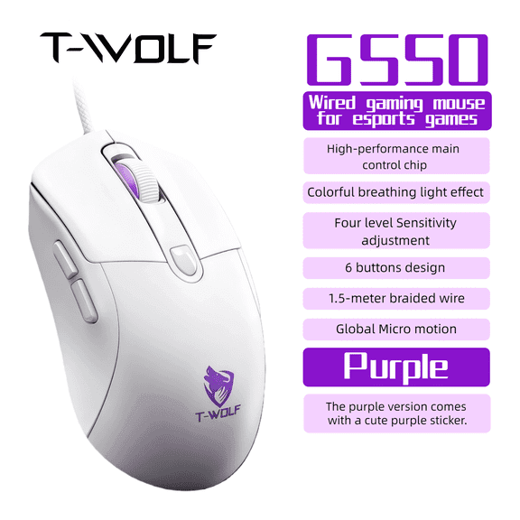 Wired Gaming Mouse 7200 DPI, RGB LED Backlit, White Mouse with Purple Stickers, Silent Ergonomic Mouse for Laptop PC, Office, Study, Aesthetic Desk Setup