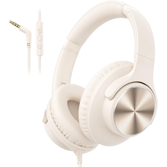Wired Headphones with Mic, Volume & Playback Control, Over-Ear Foldable Headphones, 3.5mm Plug, 90? Swivel Ear Cups, 4.9ft -Free Cord for Tablet, Laptop, PC, School, Travel (Beige)