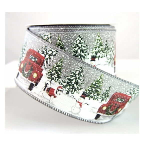 Wired Jarvis Grey, Red and Green, Snowy Truck Christmas Tree Scene Ribbon 2 1/2" - 10 Yards