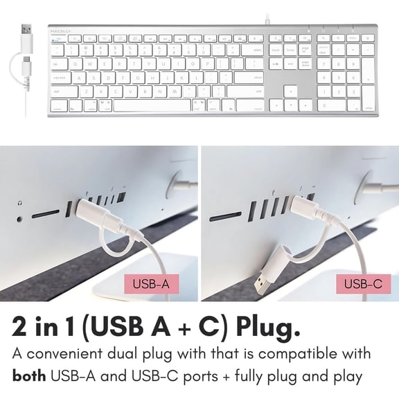 Wired Keyboard for Mac (Upgraded Dual USB A + C Plug) - USB C Keyboard - Ultra Slim, 20 Shortcuts, 110 Scissor Keys - Compatible with Apple MacBook Pro/Air, Mac mini, iMac, iPad - Silver