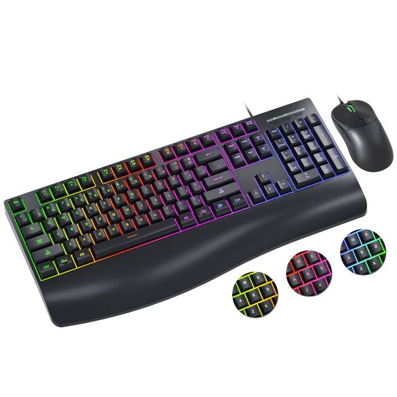 EDJO Wired Keyboard and Mouse Combo, Light-Up Letters, Wrist Rest, 3-Color RGB Backlit, 4 DPI Levels, Ergonomic Full-Size for Windows, Mac (Black)