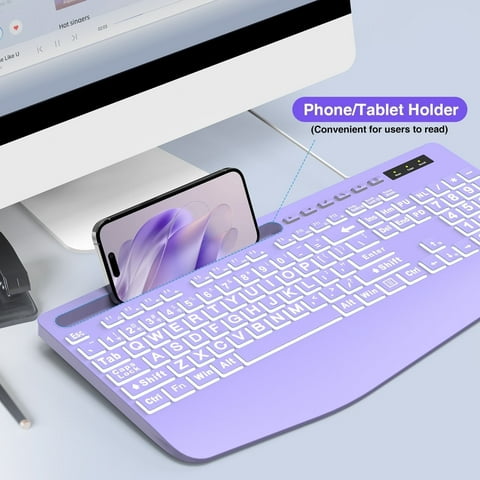 Wagpak Large Print Backlit Wired USB Keyboard (Purple) - with 7-Color Backlight, Wrist Rest, Phone Stand