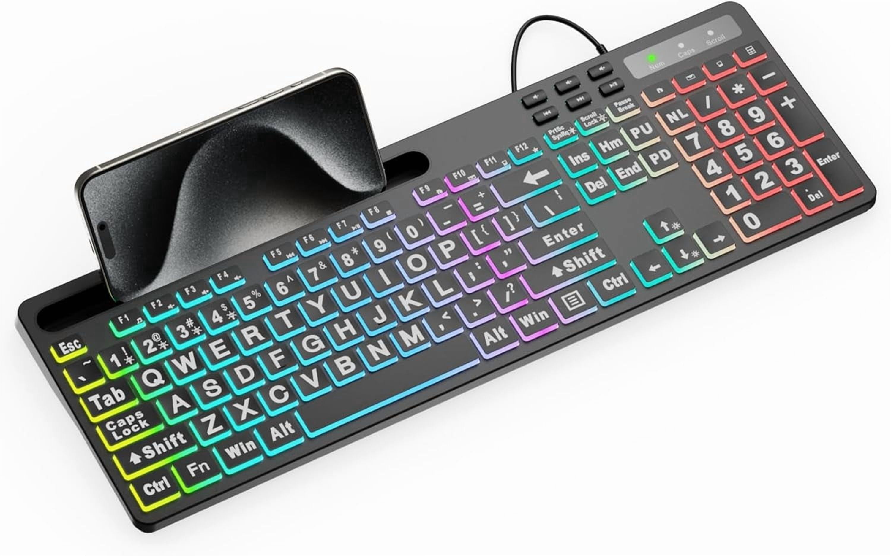 Wired Large Print Computer Keyboard, MARVO Backlit Keyboards with 7 Colors & 11 Modes Backlight, Tablet Phone Holder and Quiet Light Up Keys, Full-Size Gaming Keyboard for Windows, Mac