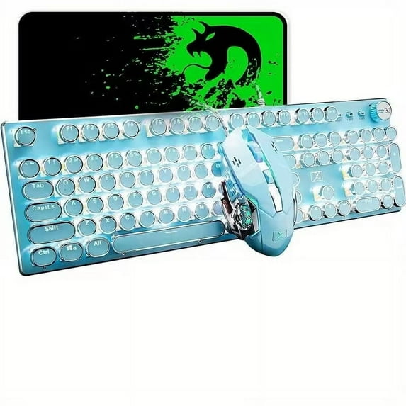 Gaming Keyboard and Mouse,Retro Steampunk Vintage Typewriter-Style Mechanical Keyboard with White LED Backlit,104-Key Anti-Ghosting Blue Switch Keyboard for Mac/Win/PC (Blue)